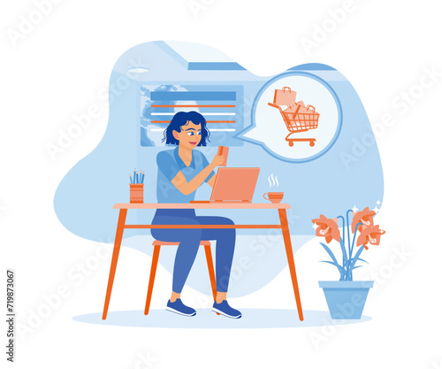 Businesswomen shopping online via mobile phone and laptop. Use a credit card for payment. Woman with phone calling to customer support service concept. Flat vector illustration.