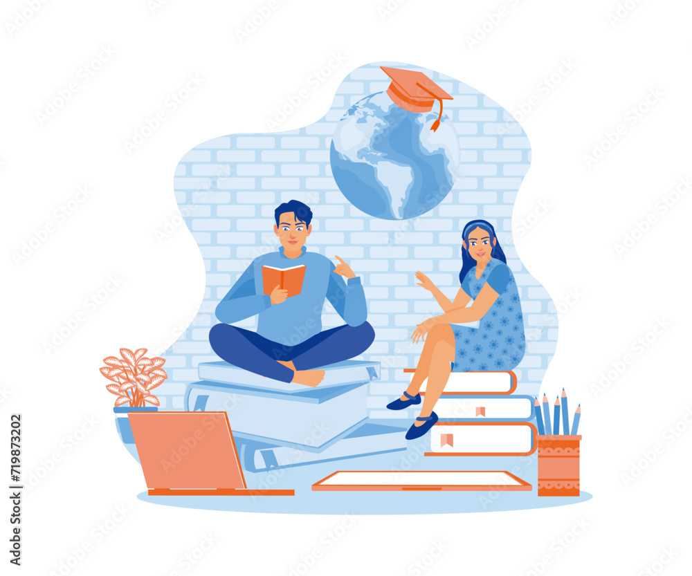 Two students sitting on a pile of books. Read and study together using a laptop. Team of people sitting at desks with laptops concept. Flat vector illustration.