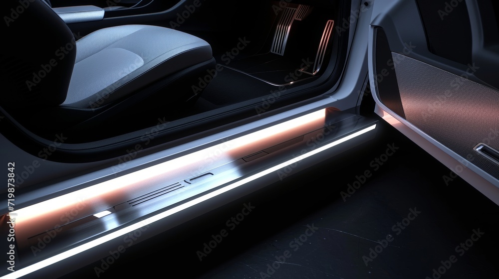An angled shot of a car door being od highlighting the brushed aluminum door sill with LED lights in white creating a cly and upscale feel to the vehicles interior.