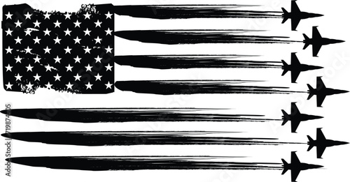 Black and white USA flag with military fighter jets