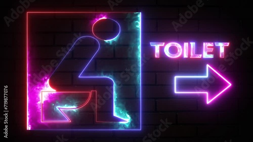 Washroom arrow pointer, silhouette of a man and a woman. Arrow direction toilet signs in neon lights animation. Glowing WC toilet neon sign with man icon on bricks wall background. In and out sign photo