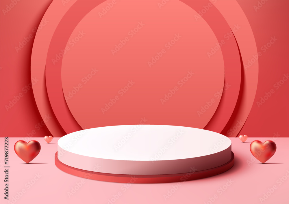 Valentine's Day Podium Display, Showcase Love and Beauty in 3D White and Red Podium with Circle Backdrop and Hearts Elements Valentine's Day Podium Display, Showcase Love and Beauty in 3D White and Red Podium with Circle Backdrop and Hearts Elements