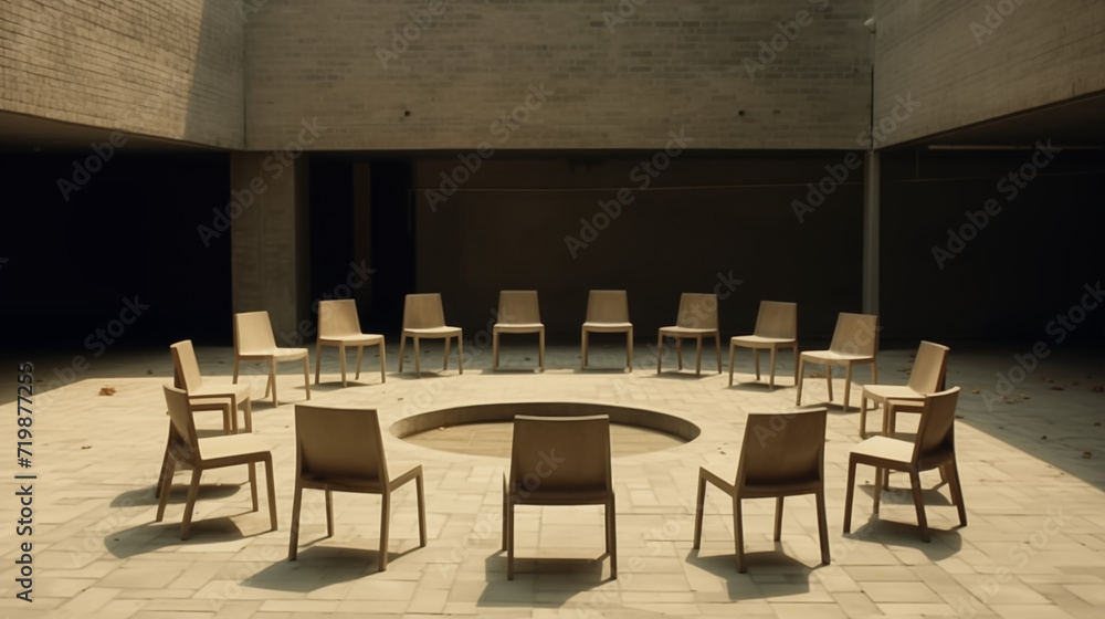 chairs in a circle against the wall courtyard 