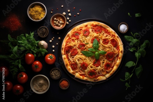  Italian food on dark background with pasta, pizza,