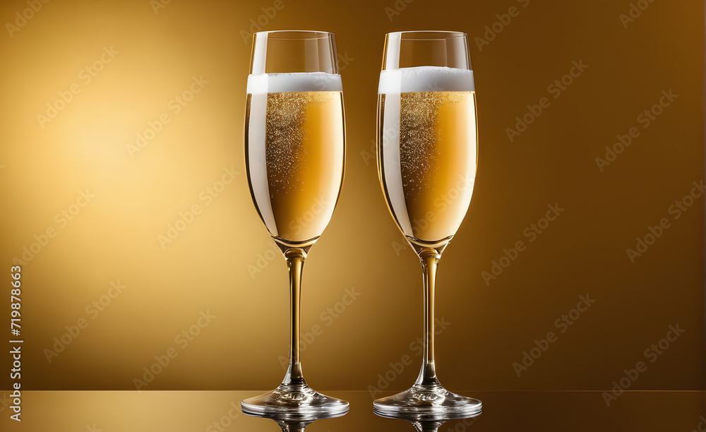 Two champagne glasses on a simple gold background, Valentine's Day, Christmas. Generative AI
