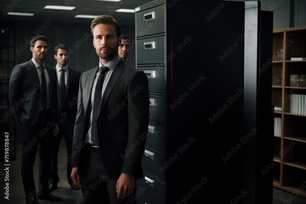 Fototapeta premium Male colleagues are standing by cabinet. 
