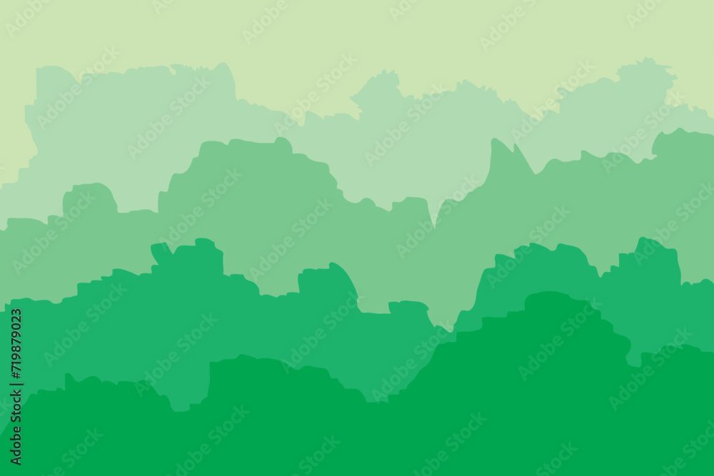 Silhouettes of mountains and trees with a gradient from dark green to light green against a yellow sky background.