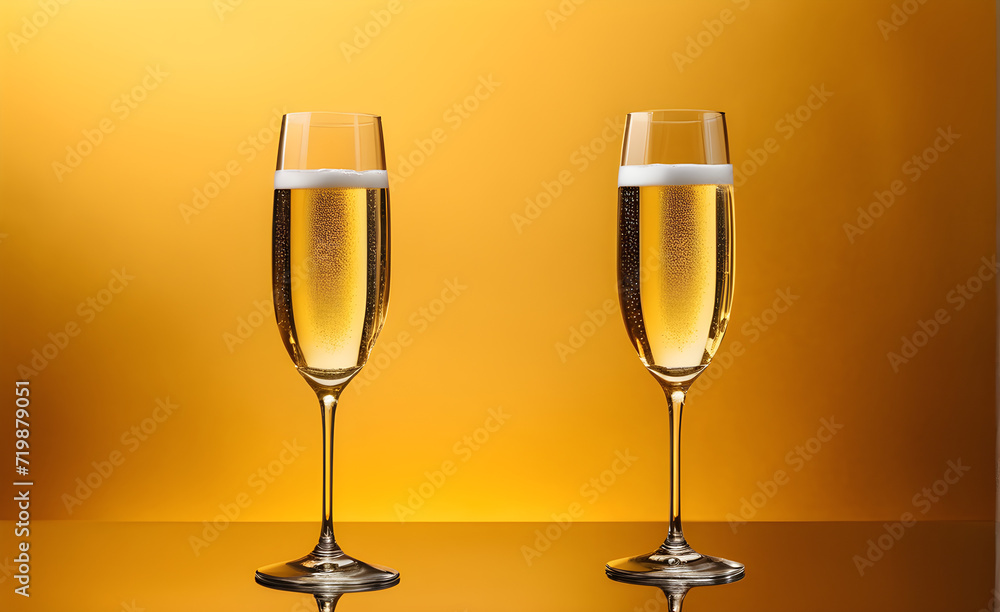 Two champagne glasses on a simple gold background, Valentine's Day, Christmas. Generative AI Two champagne glasses on a simple gold background, Valentine's Day, Christmas. Generative AI