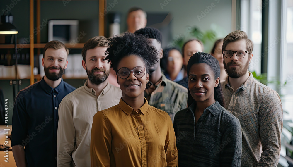 Group of diverse people standing in an office looking happy Group of diverse people standing in an office looking happy
