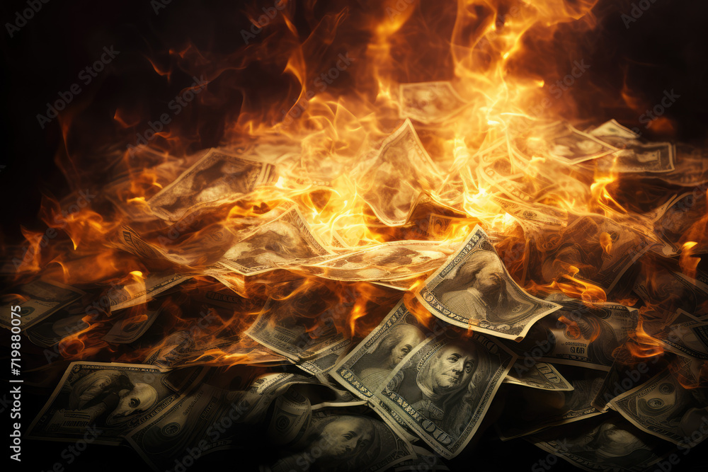 Dollars burning in the fire. Concept of financial crisis Dollars burning in the fire. Concept of financial crisis