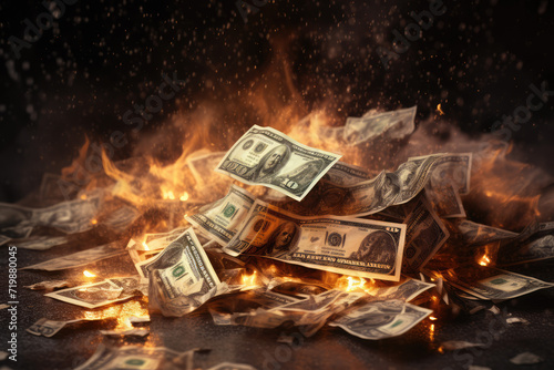 Dollars burning in the fire. Concept of financial crisis