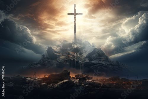 Jesus Christ crucified on the cross on the rock. 3d render © Kitta
