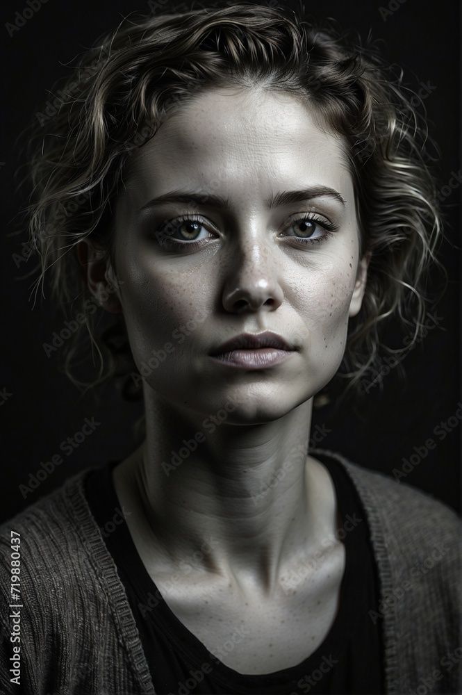 portrait of a woman, a girl with sad and depressed eyes in black and white portrait of a woman, a girl with sad and depressed eyes in black and white
