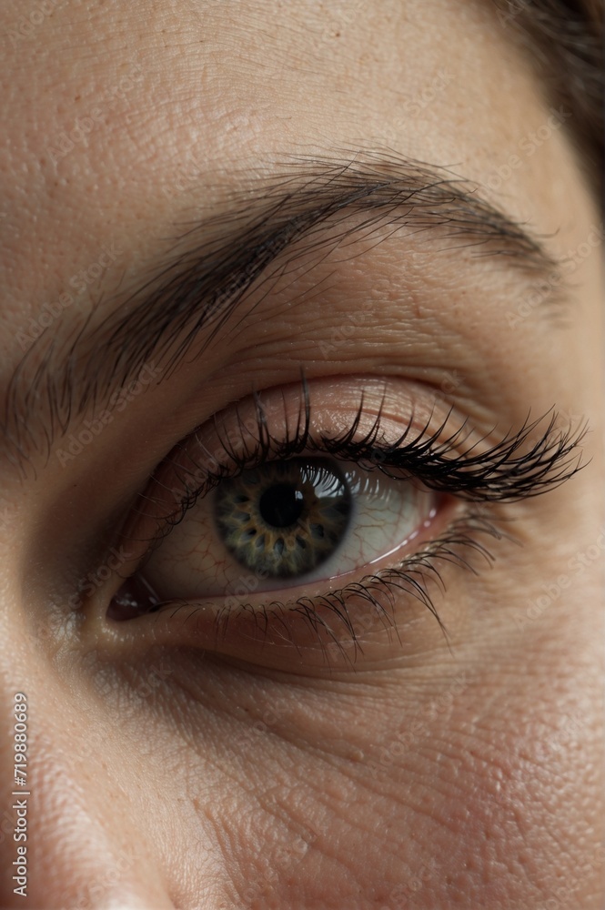 Fototapeta premium close up of a female eye, stressed image, blue green eyes worried and tensed and depressed clinical condition mental health