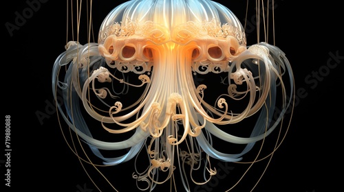 White Jellyfish dansing in the dark blue ocean water. photo