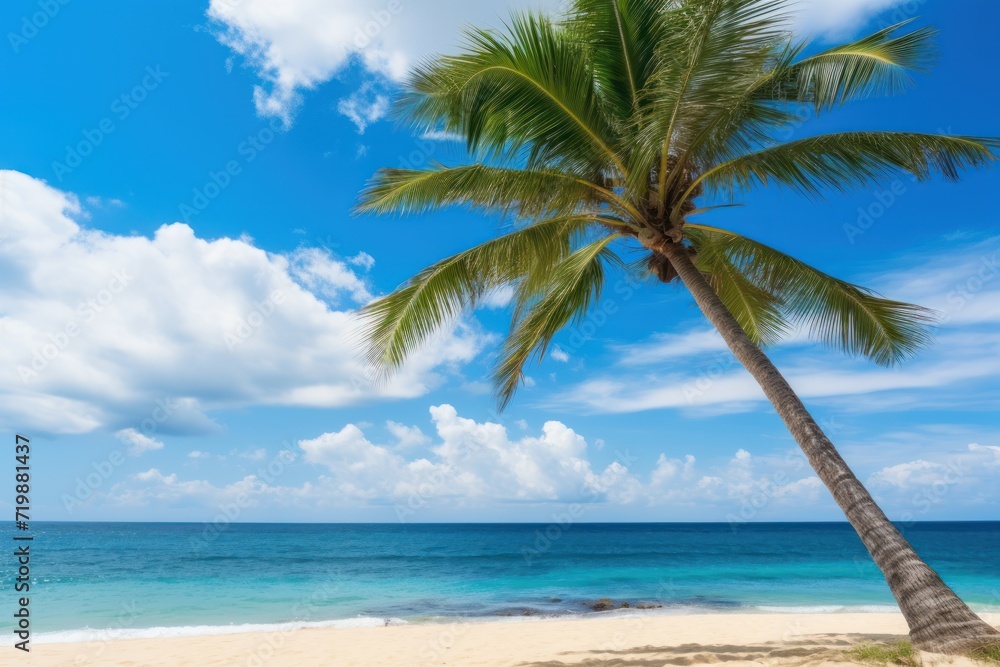  Palm tree on tropical beach with blue sky and white clouds 