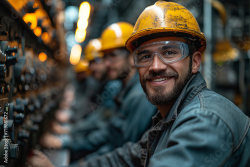 A confident factory worker in a hard hat standing in front of an electrical panel