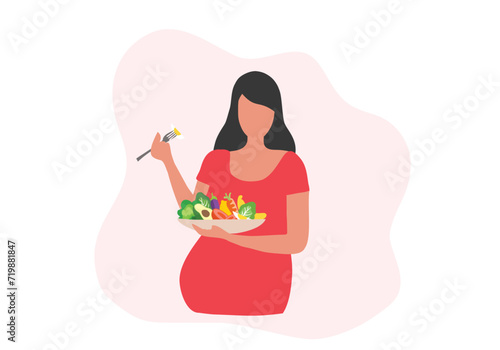 Pregnant woman eating healthy food vector illustration. Mother care concept