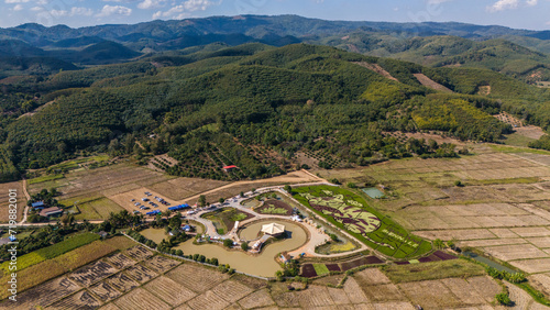 Beautiful aerial view of arts in rice paddy field in Chiang Rai province of Thailand.