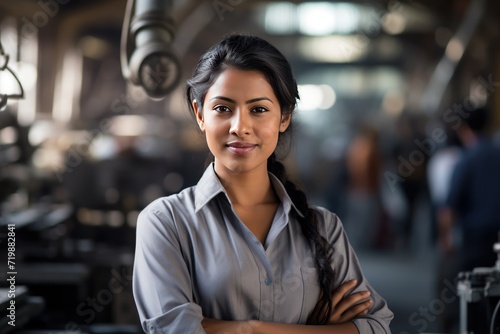  an Indian female engineer standing in a factory, 