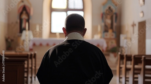 Rear view of the male pastor praying in the church