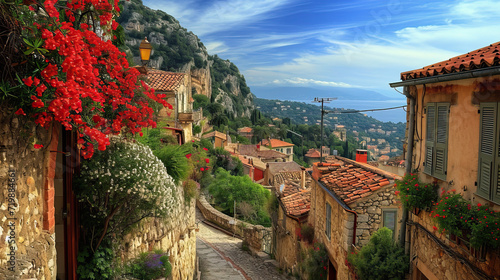 Scenic European Village. A picturesque town nestled amidst ancient stone architecture, surrounded by mountains and showcasing medieval charm
