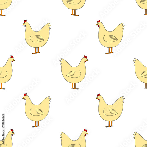 Seamless pattern with cute farm hen isolated on white background. Vector pattern chicken