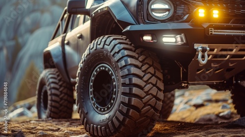 A closeup of a lifted pickup truck with oversized tires its robust frame and powerful headlights exuding a sense of adventure and capability for offroad exploration.