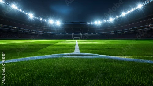 A lit nighttime soccer stadium showcasing the field and goal, setting the stage for the intensity of the game.
