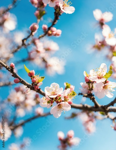 flowers of apricot tree on blurred background of blue sky, close-up