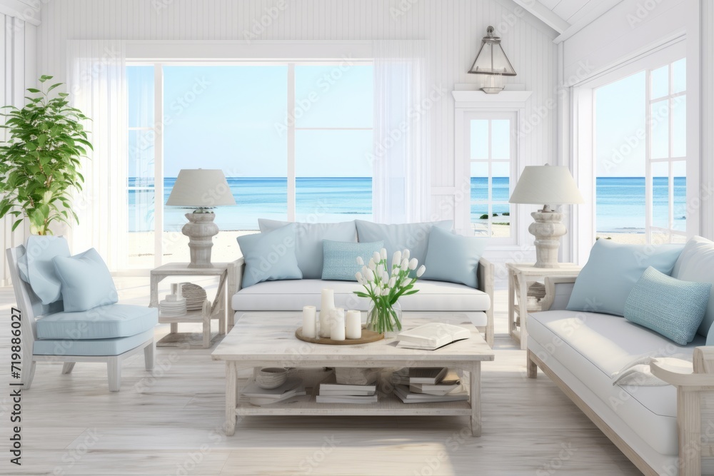 Coastal Style Living Room, Presented on a Clean White Background, Generative AI Coastal Style Living Room, Presented on a Clean White Background, Generative AI