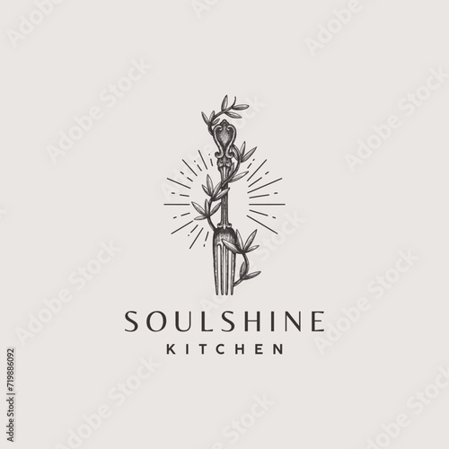 logo icon of fork with leaf plant for restauran, hand drawn fork and plant vector logo design illustration, restaurant logo