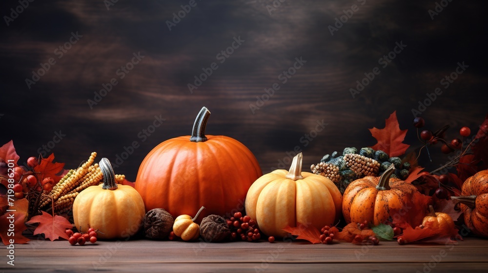 Pumpkins and autumn leaves on a wooden table for thanksgiving and autumn celebration with copy space area. Created with Generative AI Pumpkins and autumn leaves on a wooden table for thanksgiving and autumn celebration with copy space area. Created with Generative AI