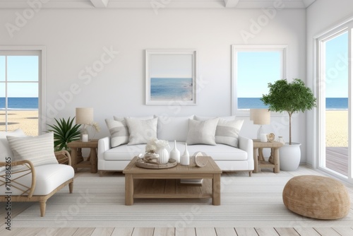 Coastal Style Living Room, Presented on a Clean White Background, Generative AI