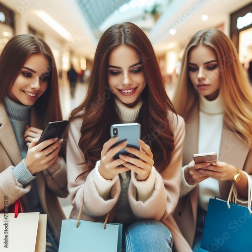 A young woman and her friends were seen shopping online at a mall using their phones.