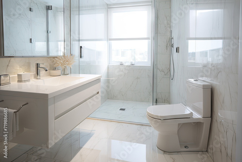 Bathroom interior with white walls, tiled floor, white toilet and white sink. 3d rendering