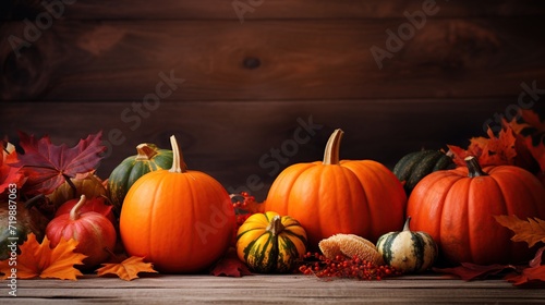 Pumpkins and autumn leaves on a wooden table for thanksgiving and autumn celebration with copy space area. Created with Generative AI