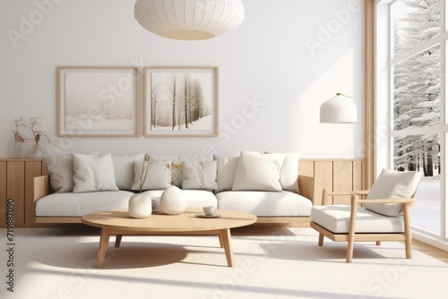 Cozy Scandinavian Living Room Interior, Featured on a Clean White Canvas, Generative AI © Box Milk