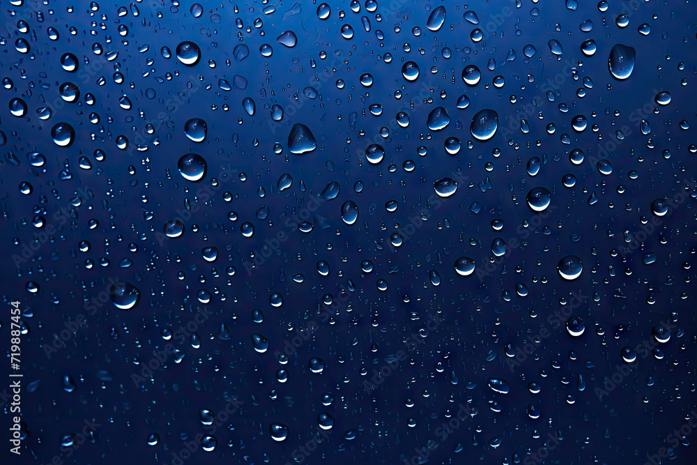 Water drops on the glass, blue background. Close-up