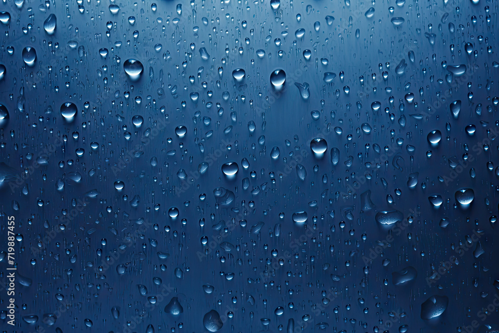 Water drops on the glass, blue background. Close-up