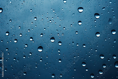 Water drops on the glass, blue background. Close-up