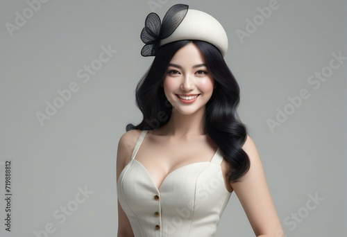Beautiful asian woman in white corset and hat on gray background