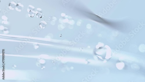 Liquid bubble selective focus animation move through or Drops collagen serum. Cosmetic advertising background. 3d rendering.