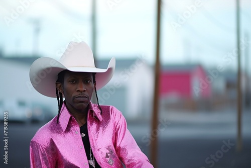 Young african american woman wearing cowboy hat and pink jacket