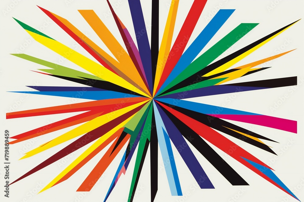 Colorful radial, radiating lines,  Circular, concentric stripes,  Starburst, sunburst element