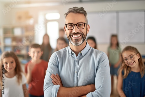 Portrait of smiling male teacher in a class at elementary school looking at camera 