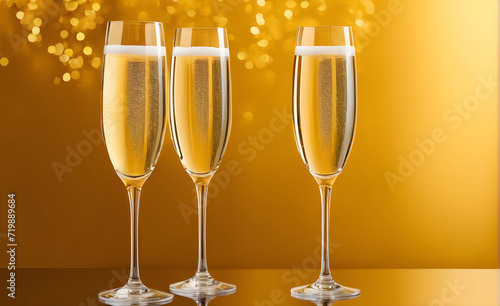 Three champagne glasses on a simple gold background, Valentine's Day, Christmas. Generative AI