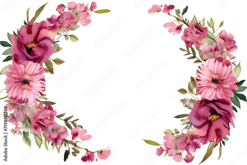 Watercolor floral wreath with pink flowers and eucalyptus branches