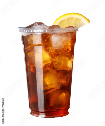 Ice tea on plastic cup with lemon, side view isolated on transparent background 