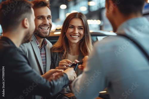 Beautiful happy couple bought a car in the dealership and receives the keys from the manager.